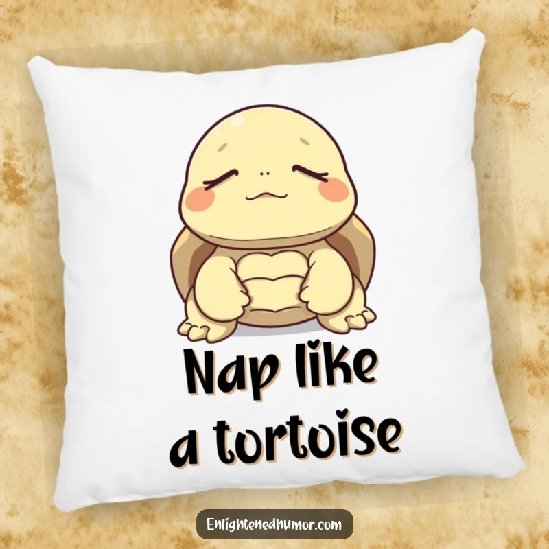 Funny pillow featuring a tortoise in a meditating pose, eyes closed, offering comfort and a peaceful, humorous presence.