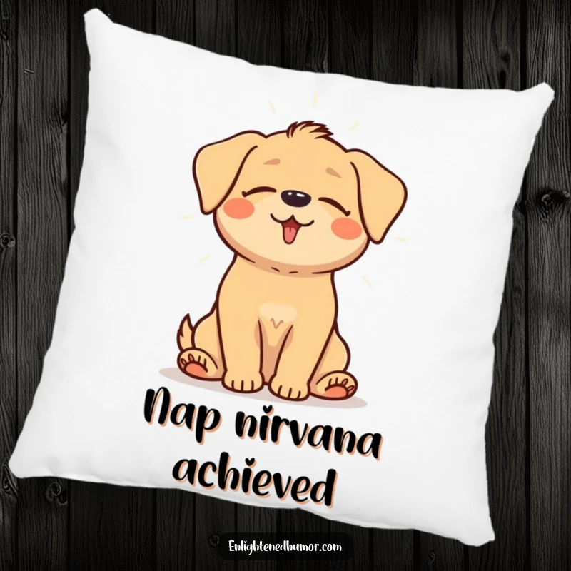 Funny pillow featuring a happy dog sitting peacefully with closed eyes, emitting a gentle, soothing aura of light.
