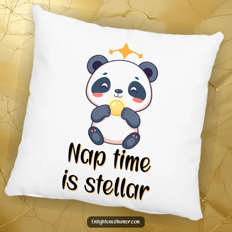 Funny celestial panda pillow showcasing a gleeful panda balancing a tiny glowing orb on its nose, offering soft, cosmic comfort and joy.