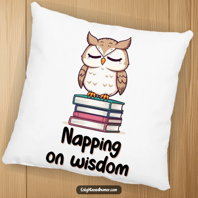 Funny pillow featuring a wise owl perched on a stack of books, eyes closed in thought, offering comfort and a scholarly decorative element.