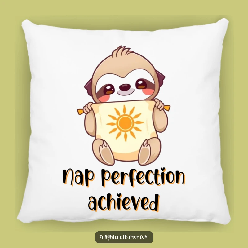 Restful Wisdom Funny Pillow: Smiling Sloth Character With Scroll and Sun