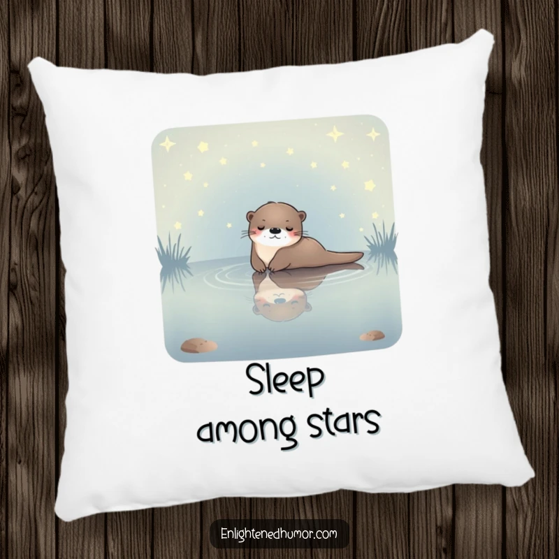Funny celestial otter pillow featuring a serene otter floating in a starlit pond, offering comfort and a reminder of cosmic peace.