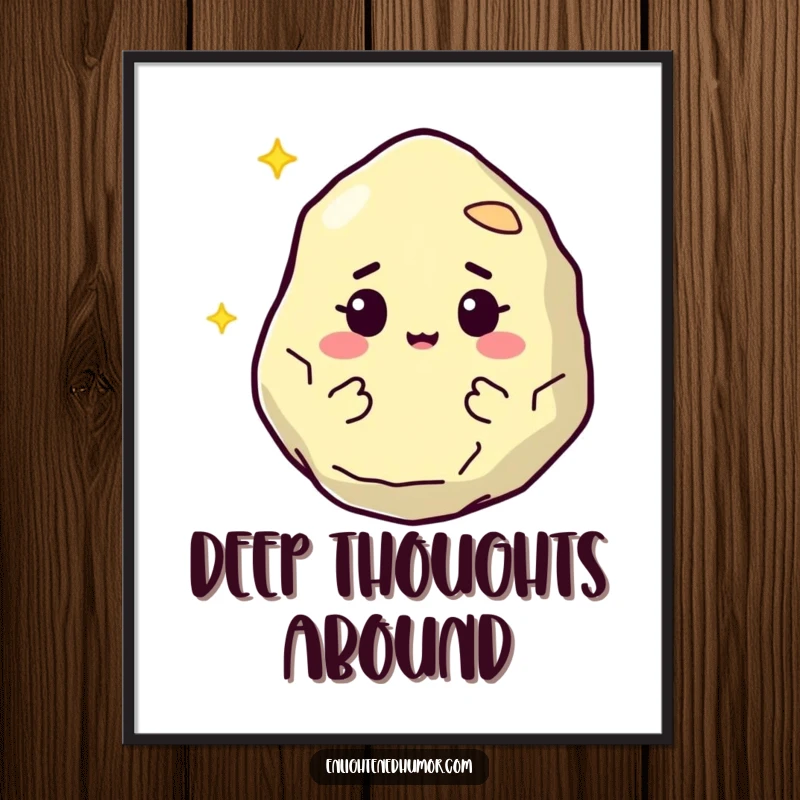 Funny digital art print of a wise, floating philosopher stone character with a knowing twinkle, radiating profound wisdom and subtle humor. Perfect wall art.