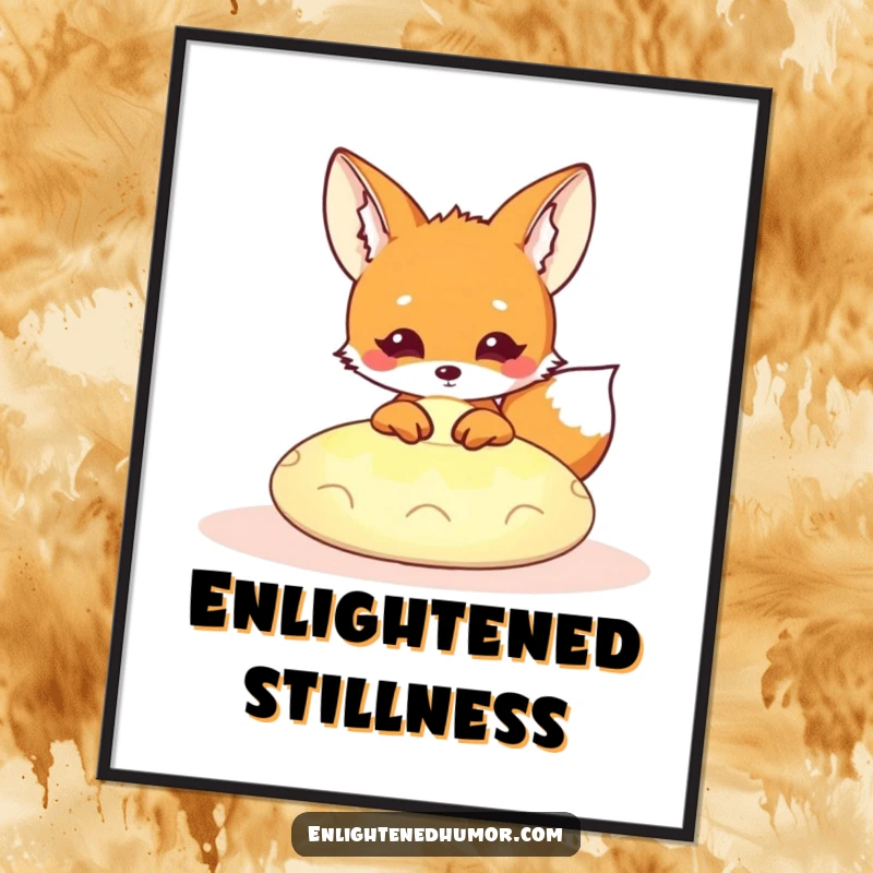 Funny Kawaii Fox Digital Art: Cute fox peeking from a glowing meditation cushion, ideal for humorous and serene digital decor. A great funny gift.