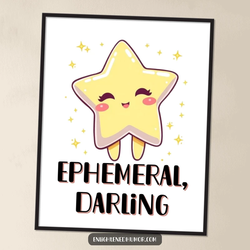 Funny winking star character dissolving into sparkling dust, digital artwork, printable and humorous celestial design.