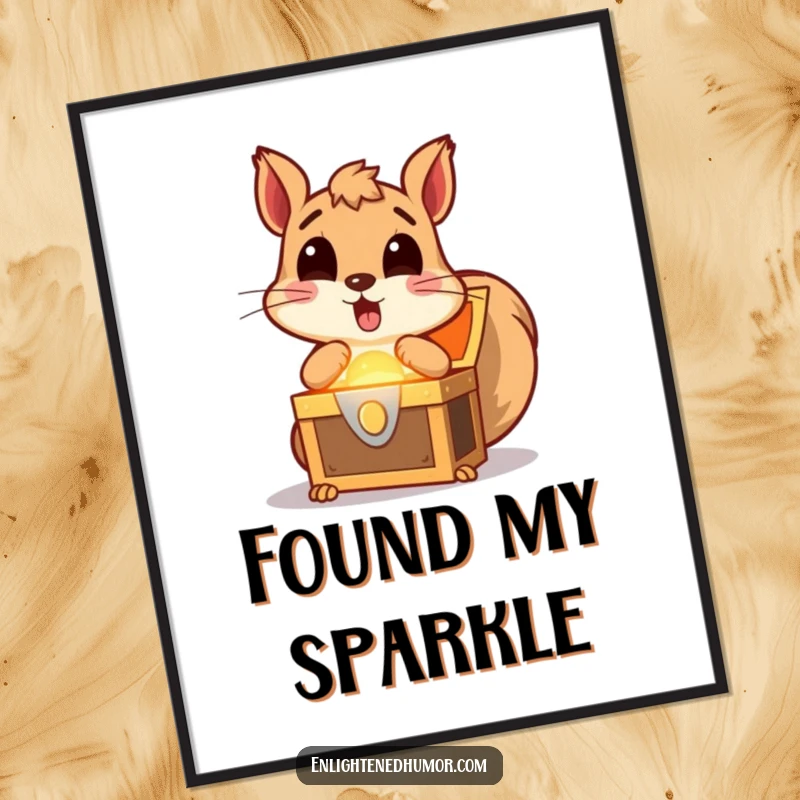 Funny squirrel digital art print of a surprised squirrel discovering a glowing treasure chest, symbolizing excitement and happy discoveries.