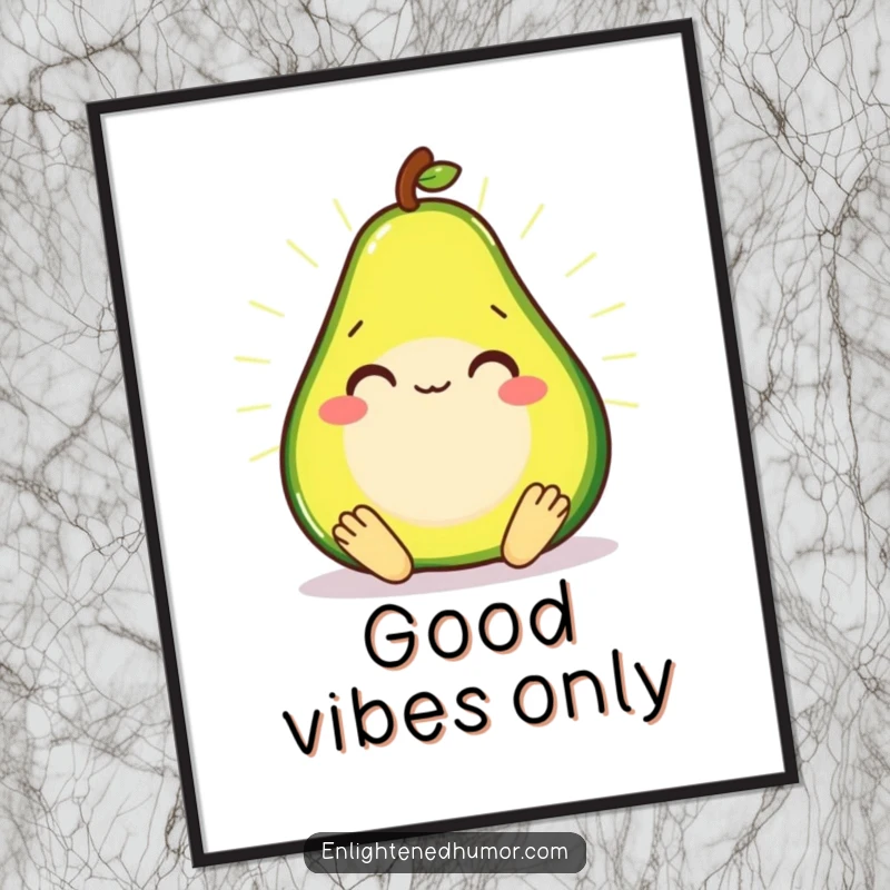Smiling avocado in a meditative state, radiating a soft glow as a downloadable digital art print.