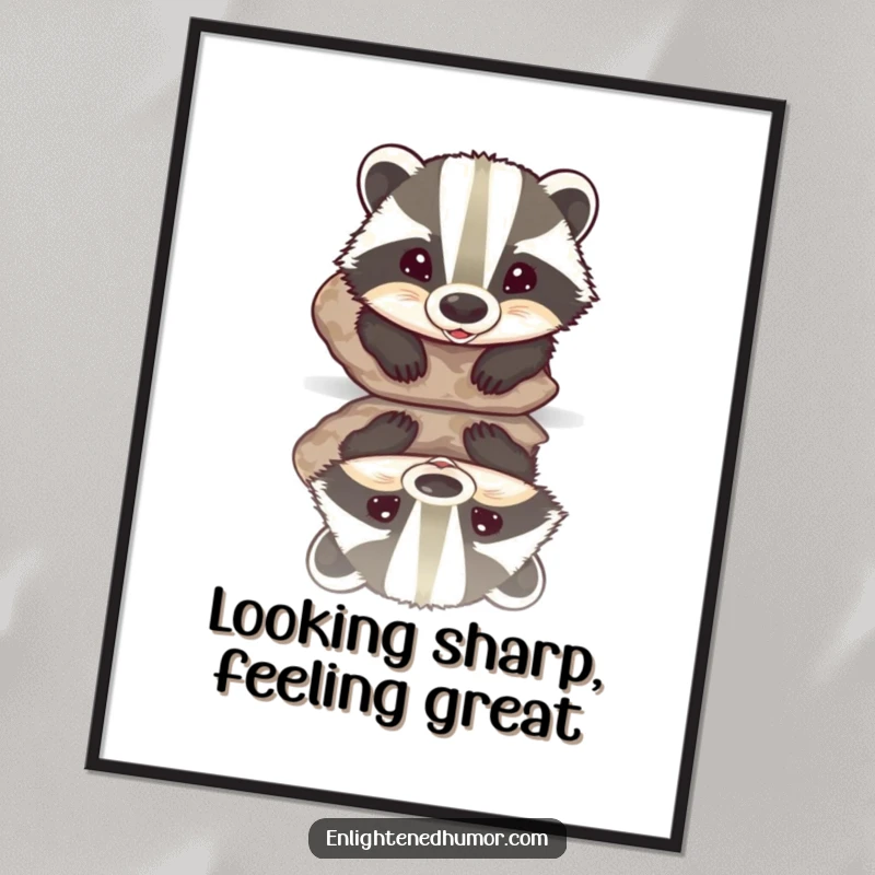Funny digital art print of a beaming badger looking at its reflection in a polished stone, adding humorous personality to walls.