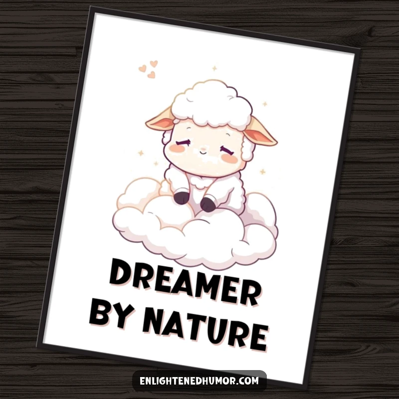 Funny Sheep Digital Art Print, a calm character dreaming of soft, luminous clouds, offering instant serenity and gentle humor.
