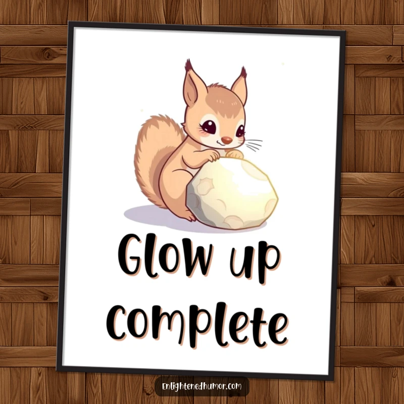 Funny celestial squirrel digital art print of a curious squirrel contemplating a glowing stone, evoking wonder and playful mystery.