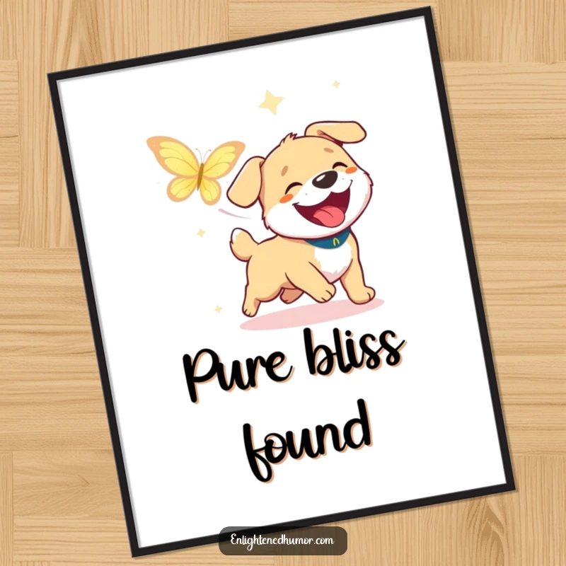 Funny Dog Enlightenment Digital Art: Printable art of a happy dog chasing enlightenment, radiating joy. Great funny gift.