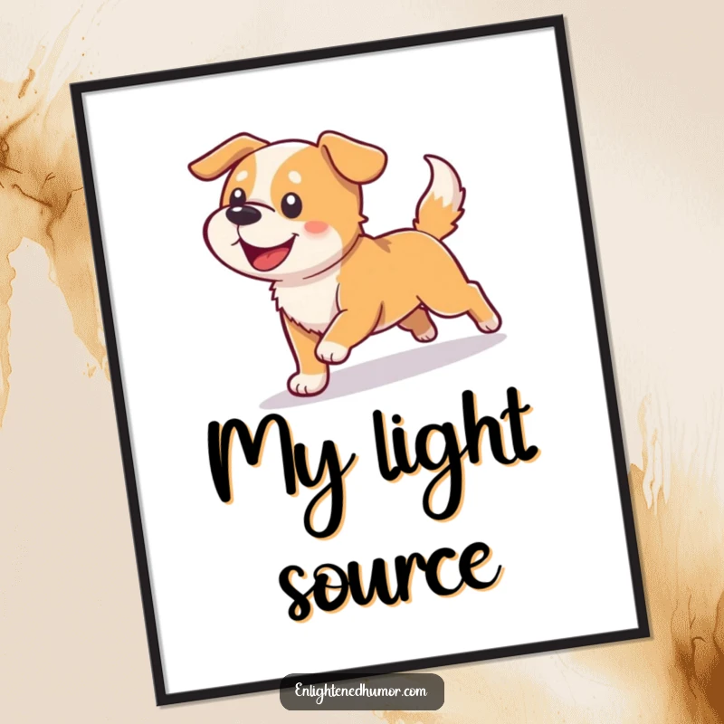 Funny dog digital art print, high-resolution, of a happy dog chasing its shadow into light, symbolizing pure joy and fun.