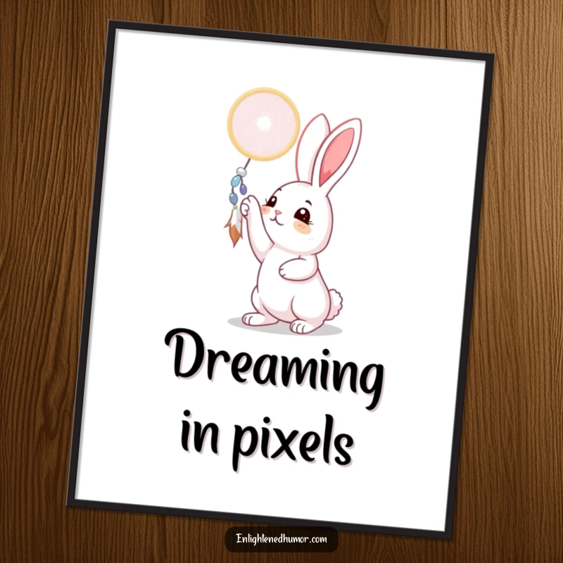 Funny rabbit digital art print showing a curious bunny reaching for a shimmering dreamcatcher, perfect for instant whimsical decor and a thoughtful funny gift.