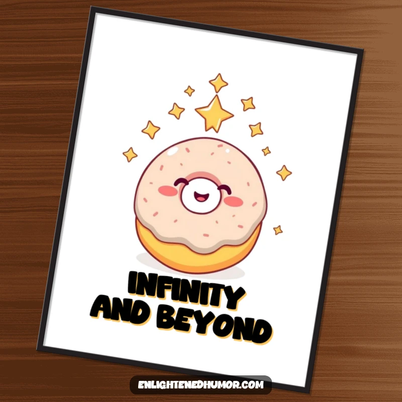 Funny donut digital art, giggling, reaching higher consciousness, surrounded by stars, printable cosmic decor.