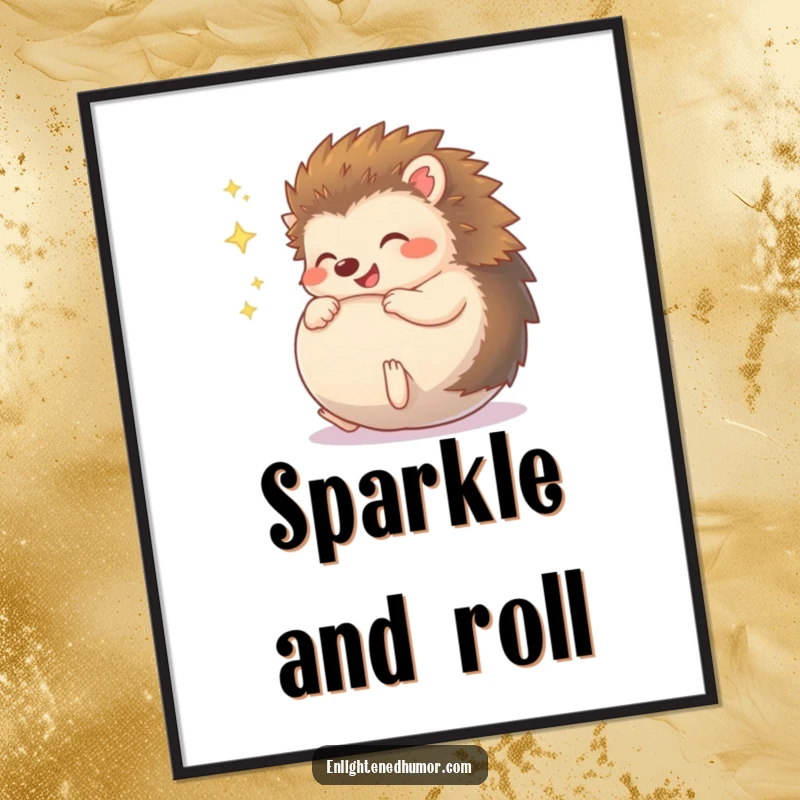 Funny Hedgehog Digital Art Print, a giggling character forms a radiant, sparkly ball, capturing pure happiness and whimsical charm.