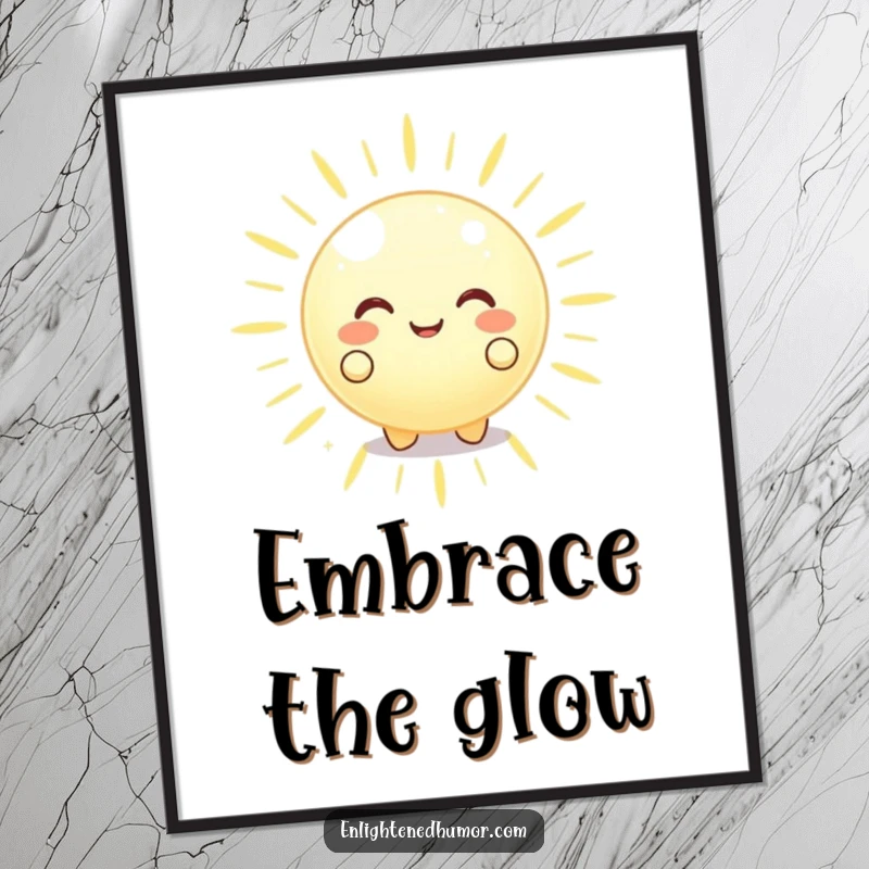 Funny happy glowing orb character radiating peaceful energy outwards, digital artwork, printable and serene funny design.