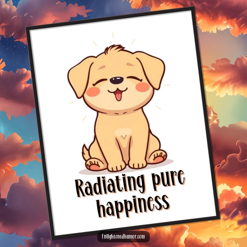 Funny digital art of a happy dog sitting peacefully with eyes closed, emanating a gentle, radiant aura of light.