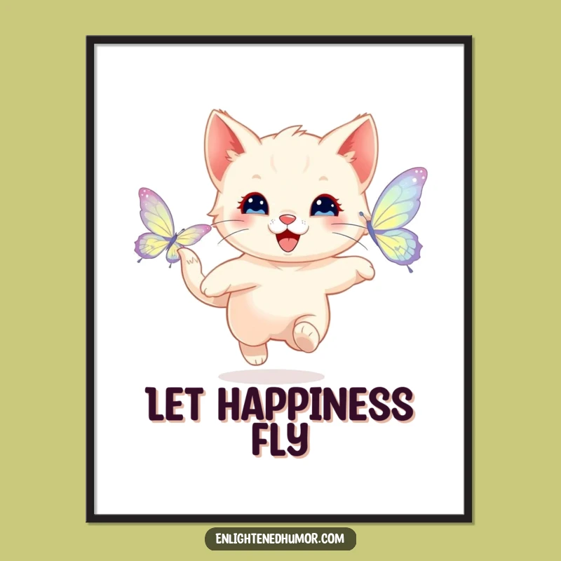 Funny Happy Kitten Butterfly Print - Playful Digital Art for Joyful Walls