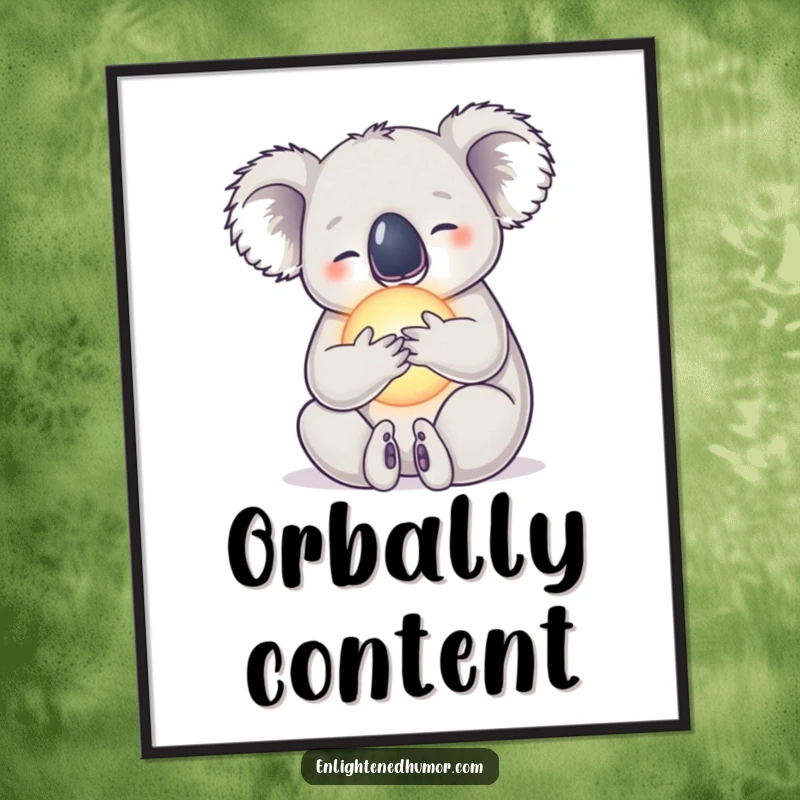 Funny digital art print of a serene koala embracing a radiant orb, ideal for instant download.