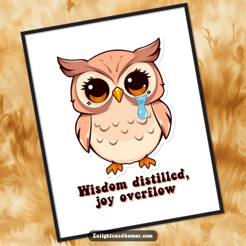 Funny kawaii owl digital art print featuring wide, enlightened eyes shedding a tear of joy, ready for instant download.