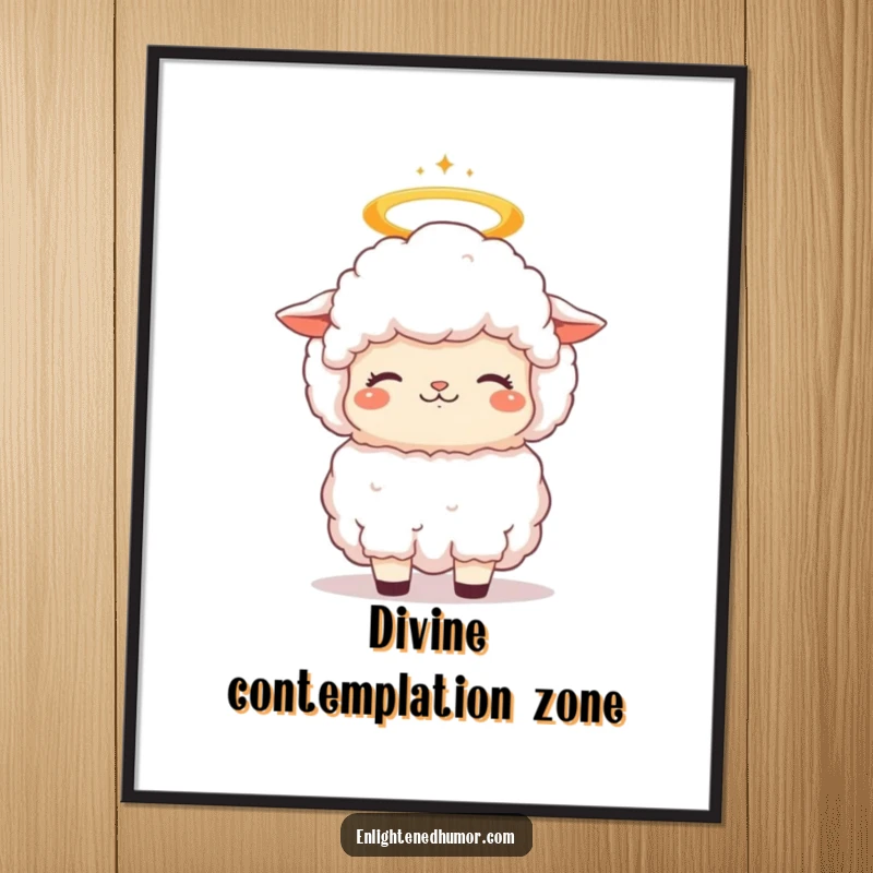 Funny fluffy kawaii sheep digital art print with a halo, its head bobbing in contemplative bliss, ready for download.