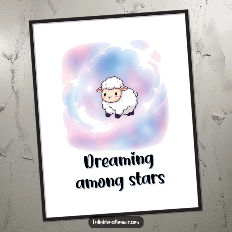 Funny digital art print of a serene sheep floating through colorful nebulae, bringing cosmic whimsy and humor to any space.