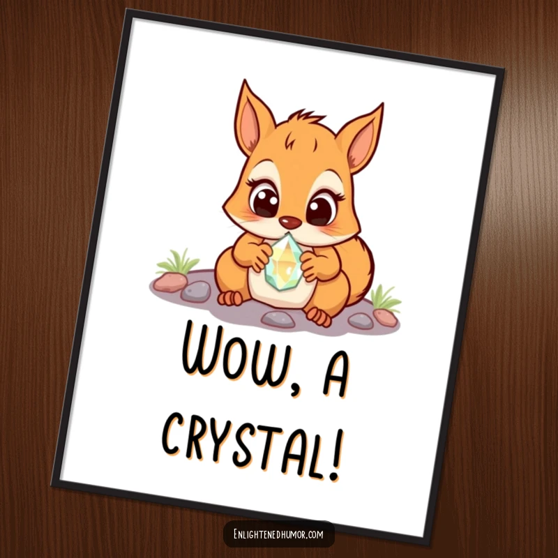 Funny Squirrel Digital Art: A surprised squirrel with wide eyes, discovering a glowing crystal, ready to download.