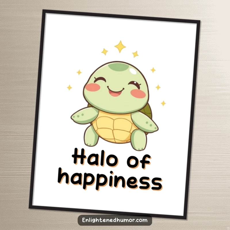 Funny Turtle Digital Art: A joyful turtle beaming with inner peace, a soft halo of sparks, ready to download.