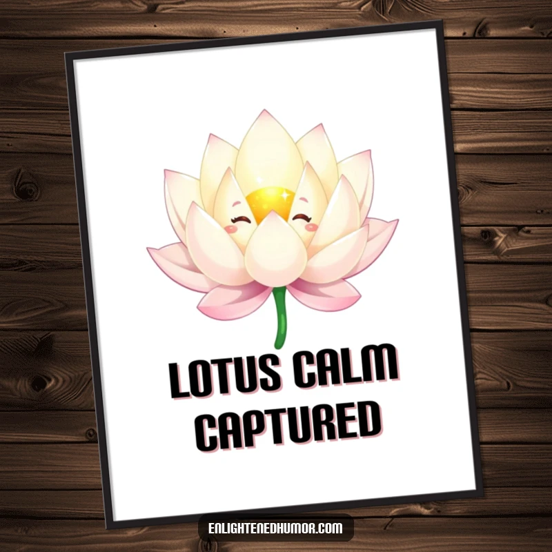 Funny digital art print of a sparkling lotus flower character floating gracefully, perfect for instant serene decor.
