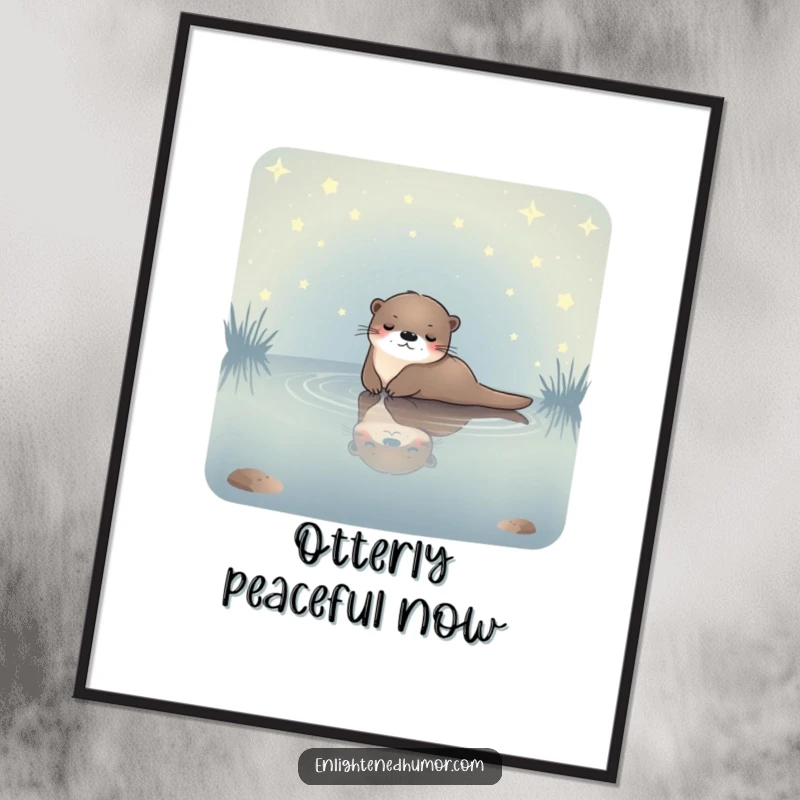 Funny celestial otter digital art print of a serene otter floating in a calm, starlit pond, evoking tranquility and cosmic beauty.