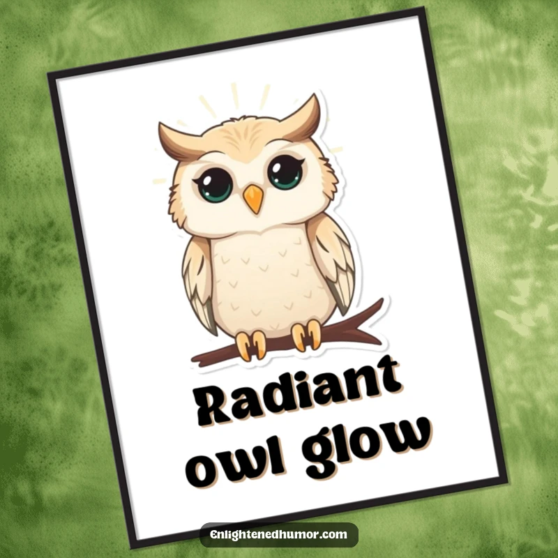 Funny digital art of a wise owl radiating gentle light, ready to bring instant wisdom and humor.