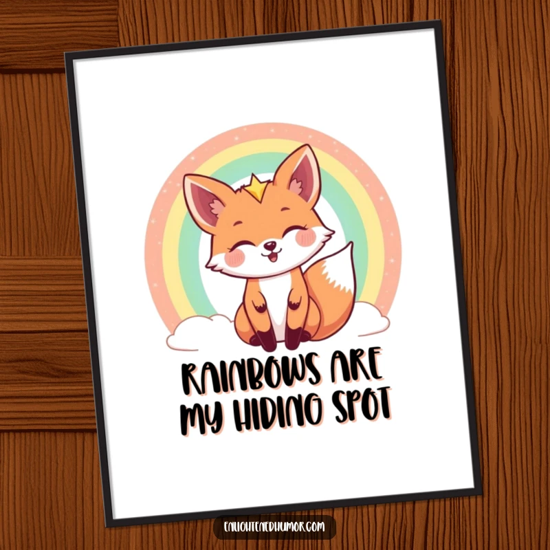 Funny celestial fox digital art print of a joyful fox peeking behind a shimmering rainbow, capturing cosmic magic and playful energy.