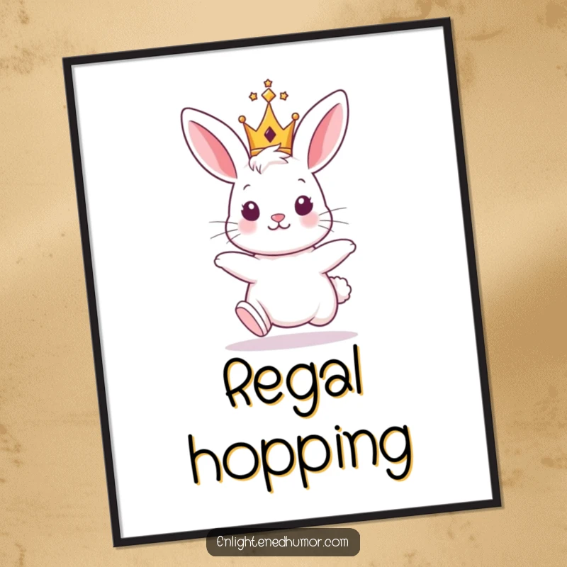 Funny Bunny King Digital Art Print: High-resolution image of a hopping bunny wearing a tiny, shining crown, exuding charm.