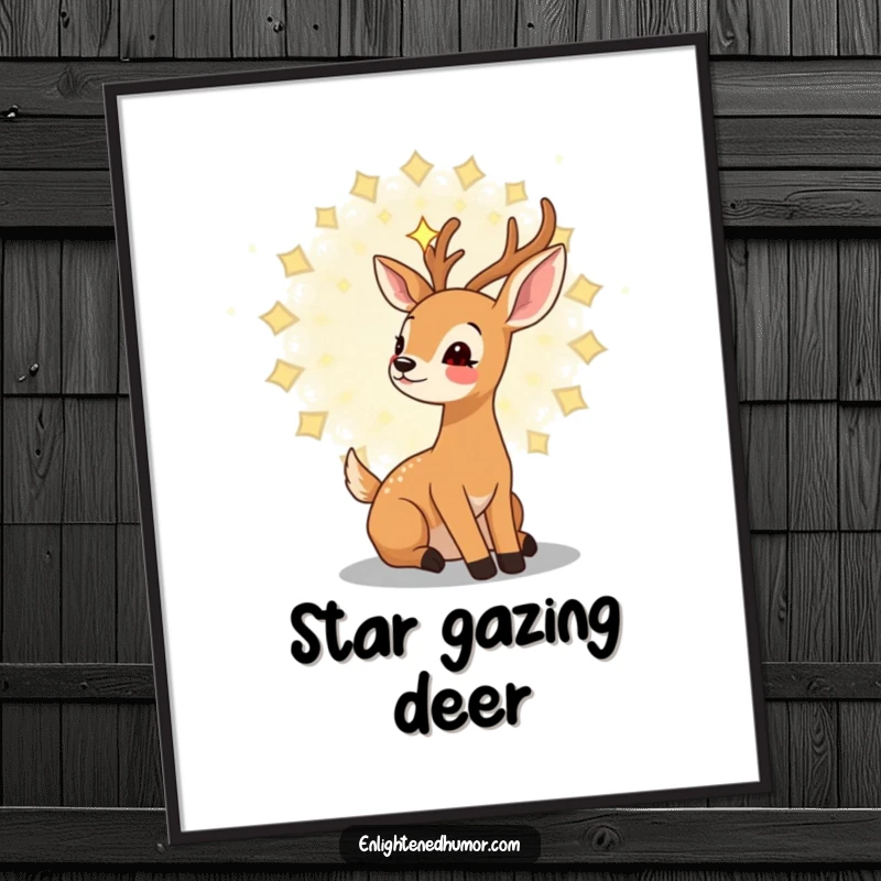 Funny kawaii deer digital art print of a gentle deer gazing upwards at a swirling mandala of stars, full of awe.