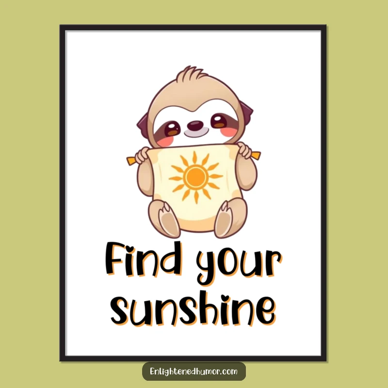 Wise Sloth Funny Digital Print: Smiling Character Unfurling Scroll With Sun