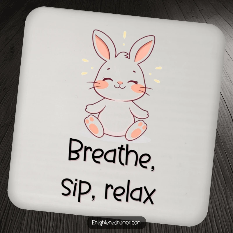 Funny rabbit drink coaster featuring a smiling rabbit meditating with a gentle halo of light, adding peaceful charm and surface protection.