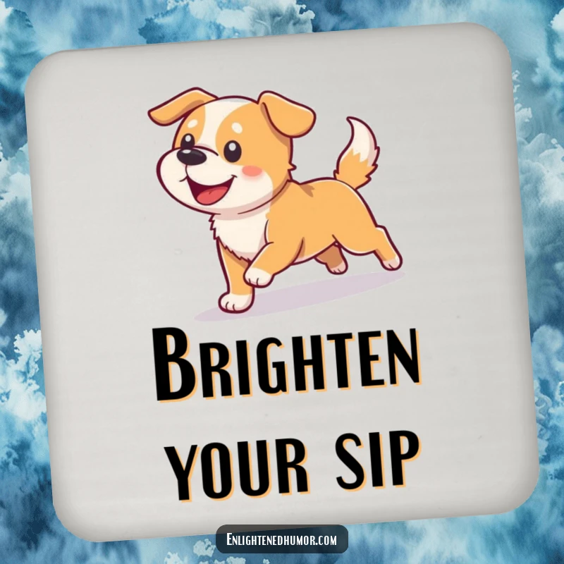 Funny dog drink coasters depicting a happy dog chasing its shadow as it turns into light, protecting surfaces with humor.