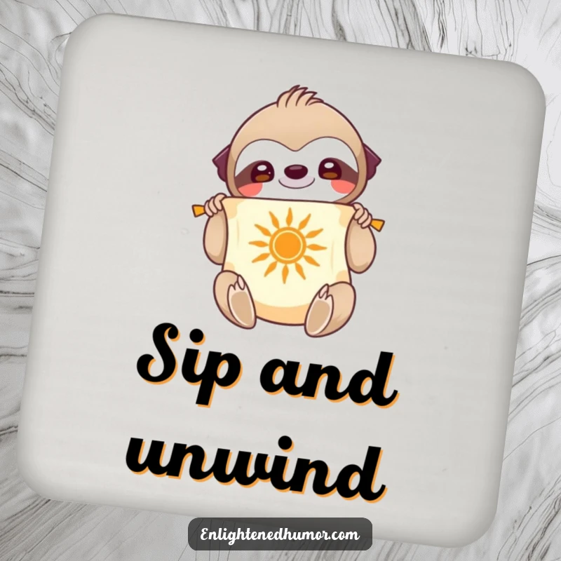 Funny Drink Coaster: Smiling sloth character unfurling a scroll with a radiant sun symbol, sitting on a table, wise design.