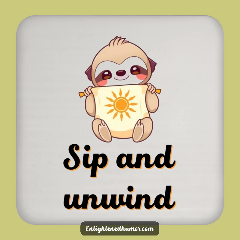 Calm Mind Funny Coaster Set: Smiling Sloth With Scroll and Sun