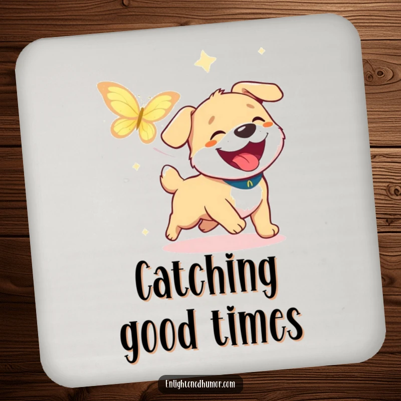 Funny Dog Joy Coasters: Coasters with a happy dog chasing enlightenment, radiating pure joy. Excellent funny gift.