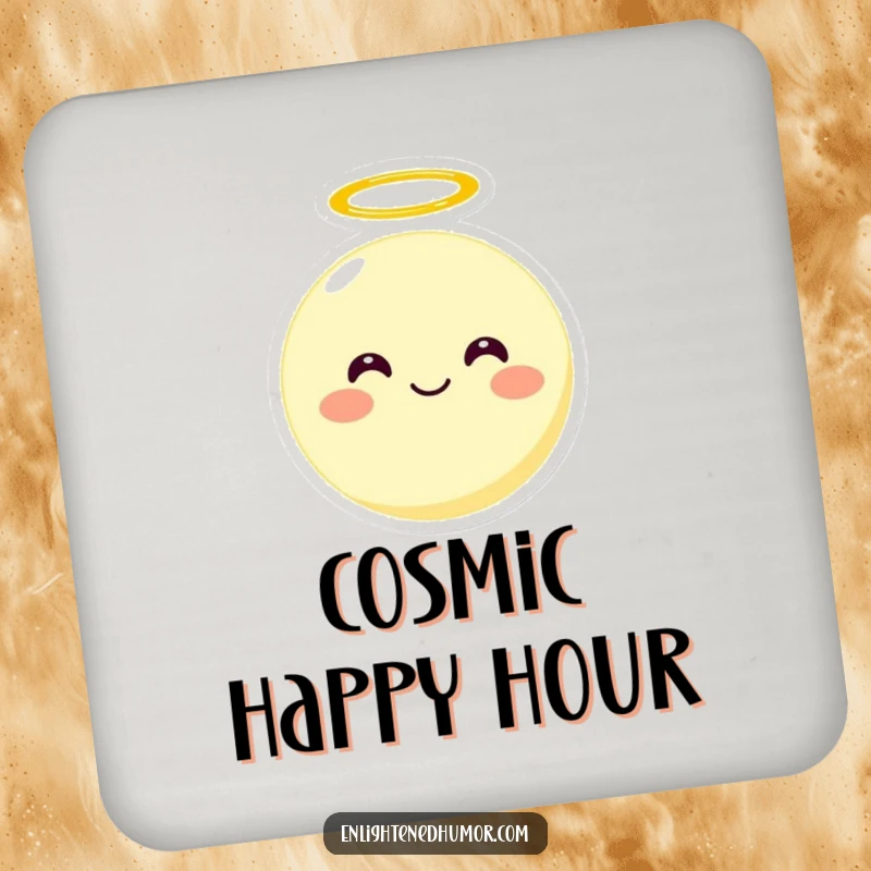 Funny smiling round moon character with a halo on a drink coaster, floating upwards, a cute and functional funny home accessory.