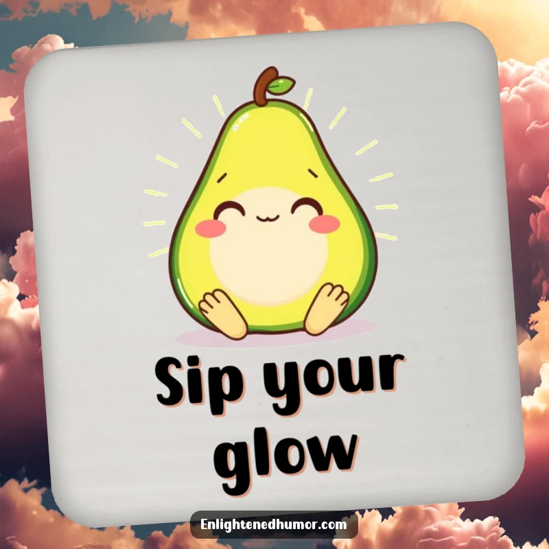 Smiling avocado in a meditative state, radiating a soft glow on a protective drink coaster.