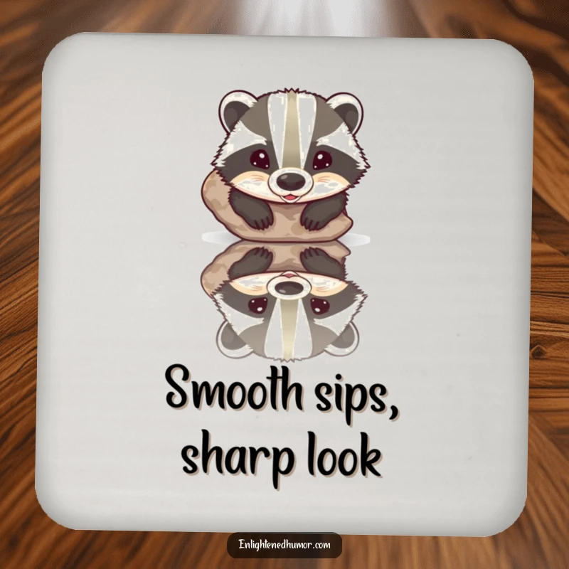 Funny coasters featuring a beaming badger finding its reflection in a polished stone, providing humorous protection for drinks.
