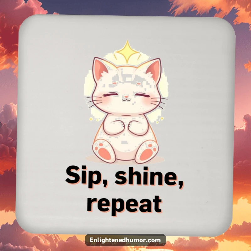 Funny celestial cat drink coaster set with an enlightened cat basking in soft, ethereal light, adding cosmic calm to any table.