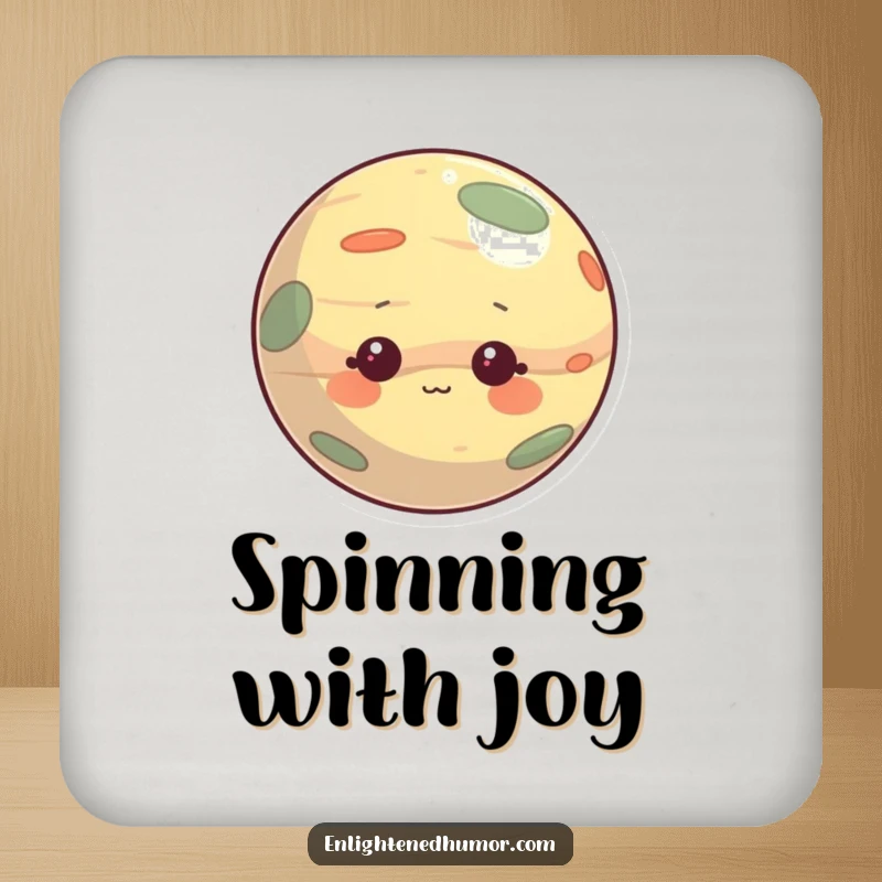 Funny drink coaster set featuring a curious planet character with a gentle, observant expression, protecting surfaces with cosmic charm.