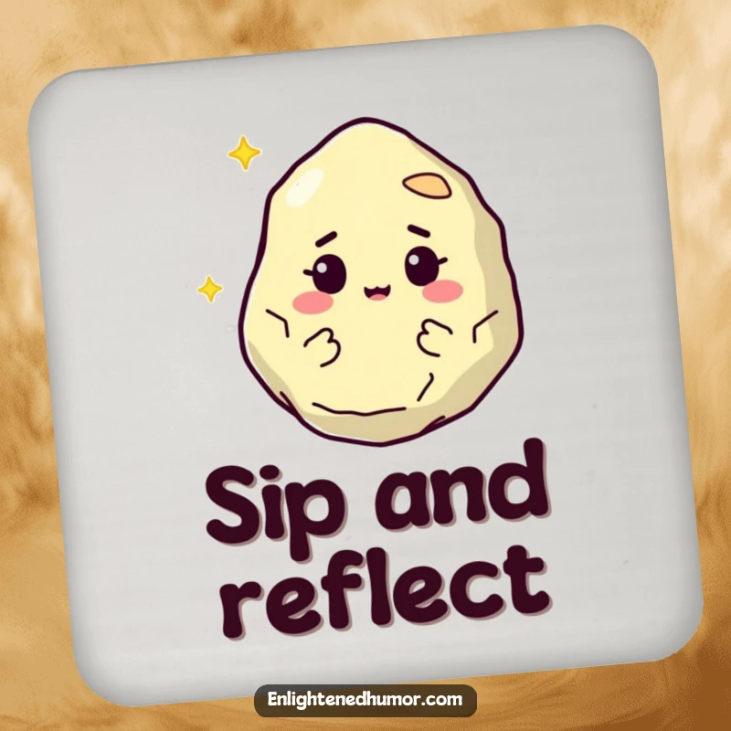 Funny drink coaster set featuring a wise, floating philosopher stone character with a knowing twinkle, protecting surfaces with intellectual charm.