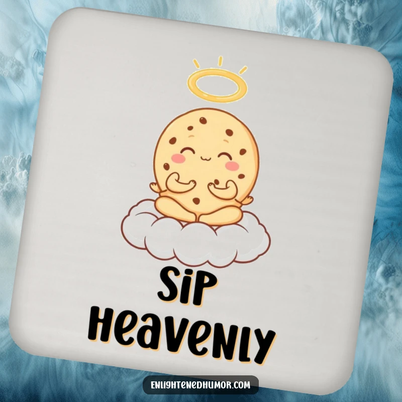 Funny Cookie Meditation Coaster featuring an exuberant cookie meditating on a cloud with a halo, a humorous surface protector.