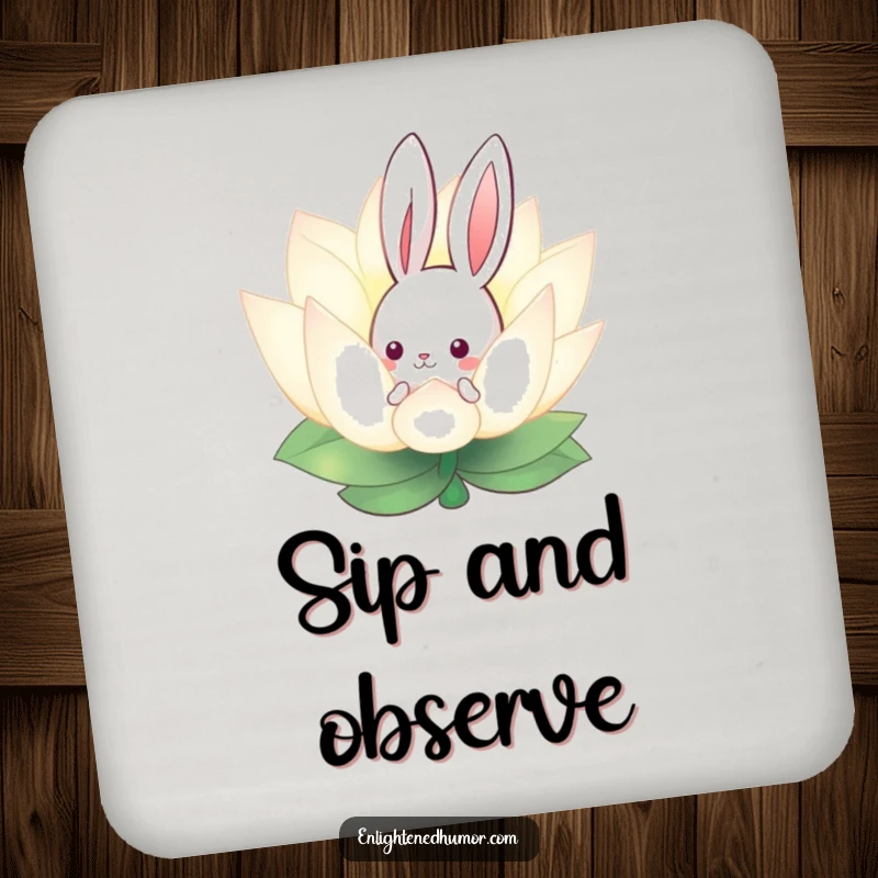 Funny drink coaster featuring a curious bunny peeking from behind a glowing lotus flower, adding whimsical charm and surface protection.