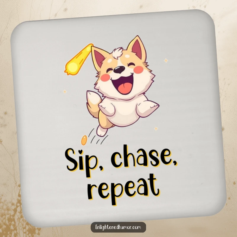 Funny celestial dog coaster, depicting an ecstatic dog barking joyfully while chasing a comet, protecting your surfaces.