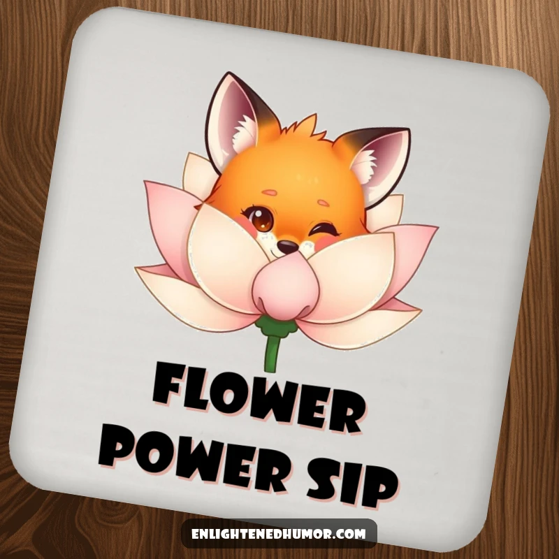 Funny fox drink coaster featuring a curious fox peeking from behind a shimmering lotus flower, adding playful charm and surface protection.